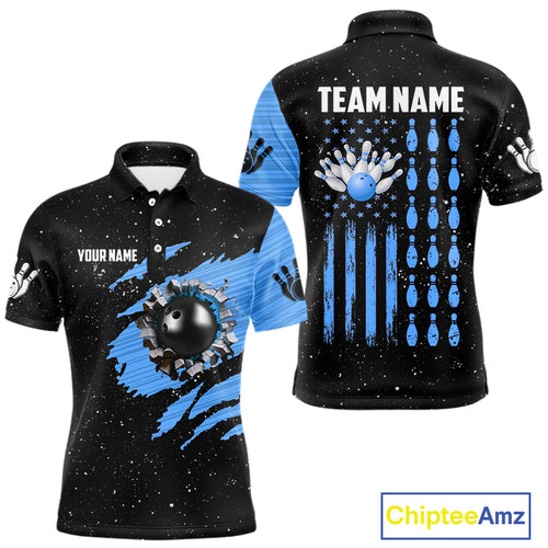 Custom Blue Grunge American Flag Bowling Shirt For Men, Patriotic Bowling Team Jersey Polo, 1/4 Zip TDM4632