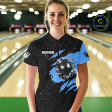 Load image into Gallery viewer, Custom Blue Grunge American Flag Bowling Shirt For Women, Patriotic Bowling Team Jersey Polo, 1/4 Zip TDM4632