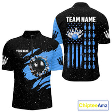 Load image into Gallery viewer, Custom Blue Grunge American Flag Bowling Shirt For Men, Patriotic Bowling Team Jersey Polo, 1/4 Zip TDM4632