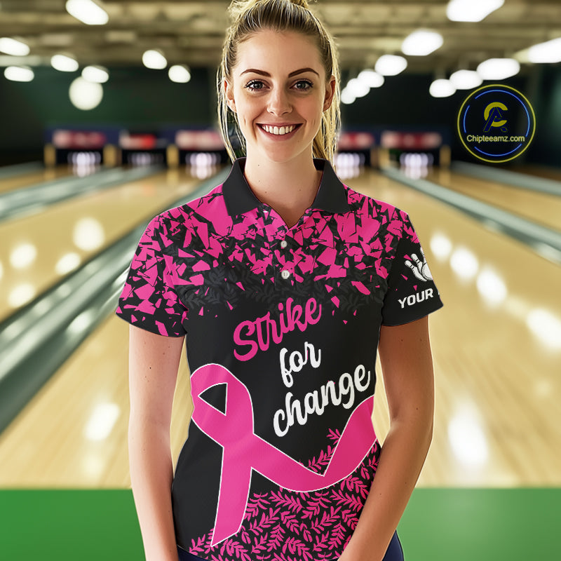 Strike For Change Hope For Awareness Custom Bowling Shirt For Women, Breast Cancer Bowling Jerseys TDM4634