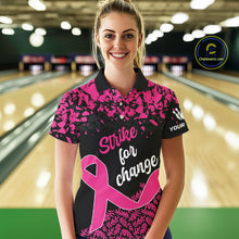 Load image into Gallery viewer, Strike For Change Hope For Awareness Custom Bowling Shirt For Women, Breast Cancer Bowling Jerseys TDM4634
