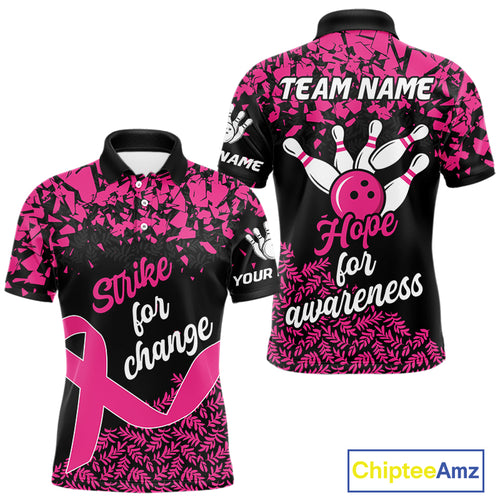 Strike For Change Hope For Awareness Custom Bowling Shirt For Men, Breast Cancer Bowling Jerseys TDM4634