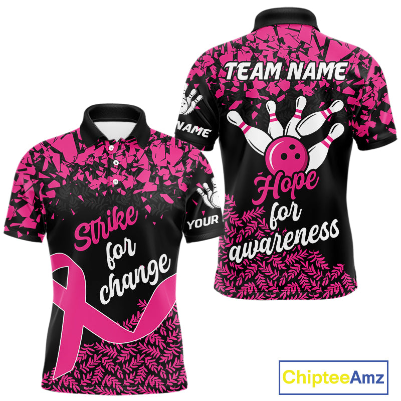 Strike For Change Hope For Awareness Custom Bowling Shirt For Men, Breast Cancer Bowling Jerseys TDM4634