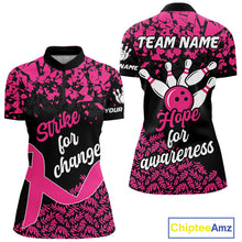 Load image into Gallery viewer, Strike For Change Hope For Awareness Custom Bowling Shirt For Women, Breast Cancer Bowling Jerseys TDM4634