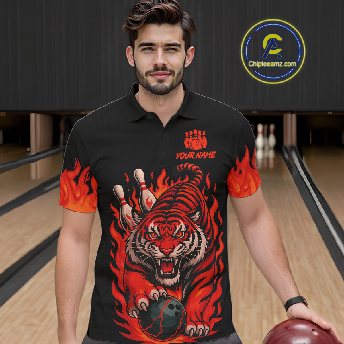 Black And Red Flame Tiger Bowling Polo, 1/4 Zip Shirts For Men Custom Team Tiger Bowling Jersey TDM7305