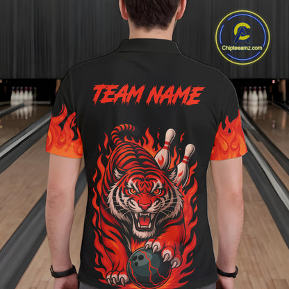 Black And Red Flame Tiger Bowling Polo, 1/4 Zip Shirts For Men Custom Team Tiger Bowling Jersey TDM7305