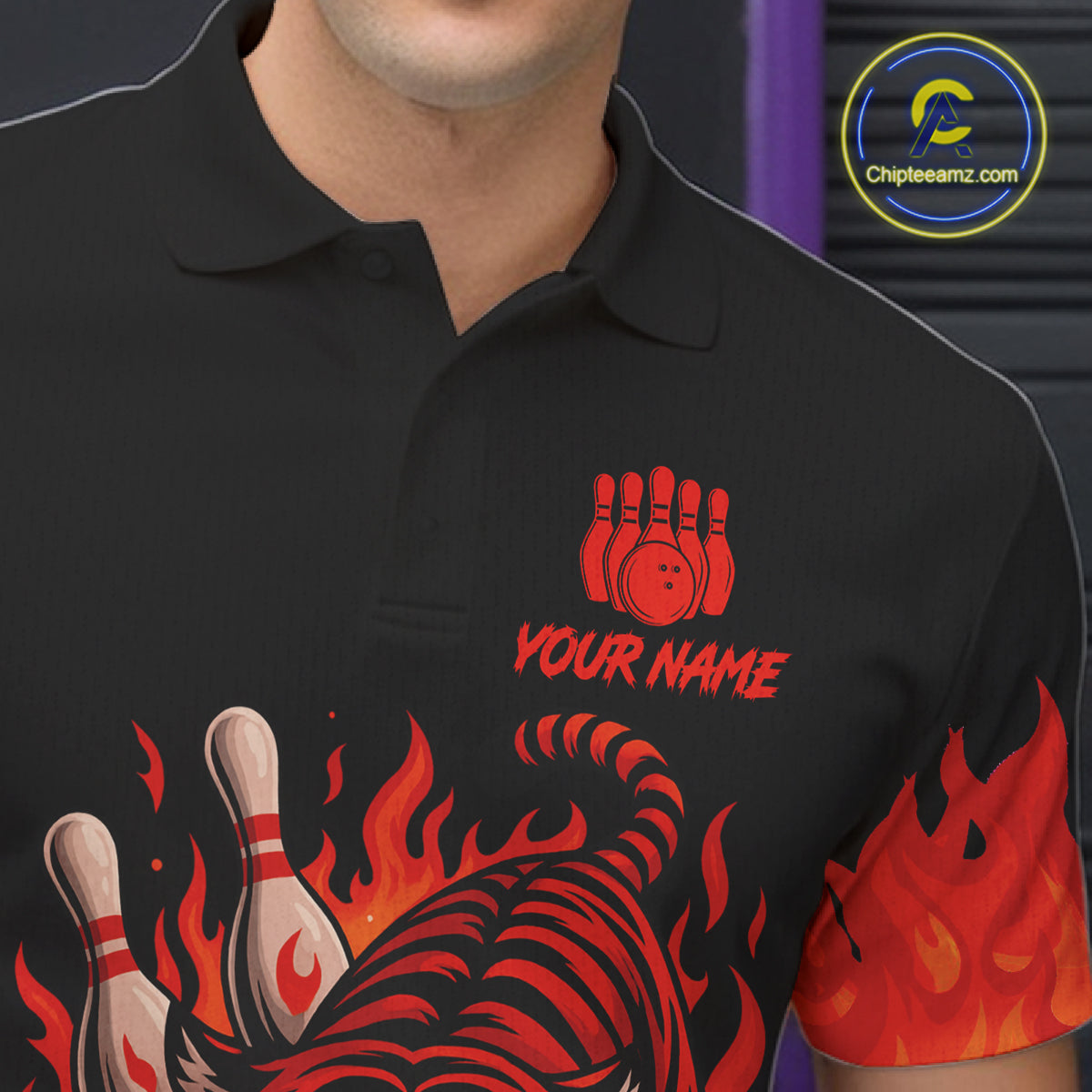 Black And Red Flame Tiger Bowling Polo, 1/4 Zip Shirts For Men Custom Team Tiger Bowling Jersey TDM7305