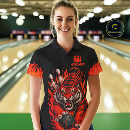Black And Red Flame Tiger Bowling Polo, 1/4 Zip Shirts For Women Custom Team Tiger Bowling Jersey TDM7305