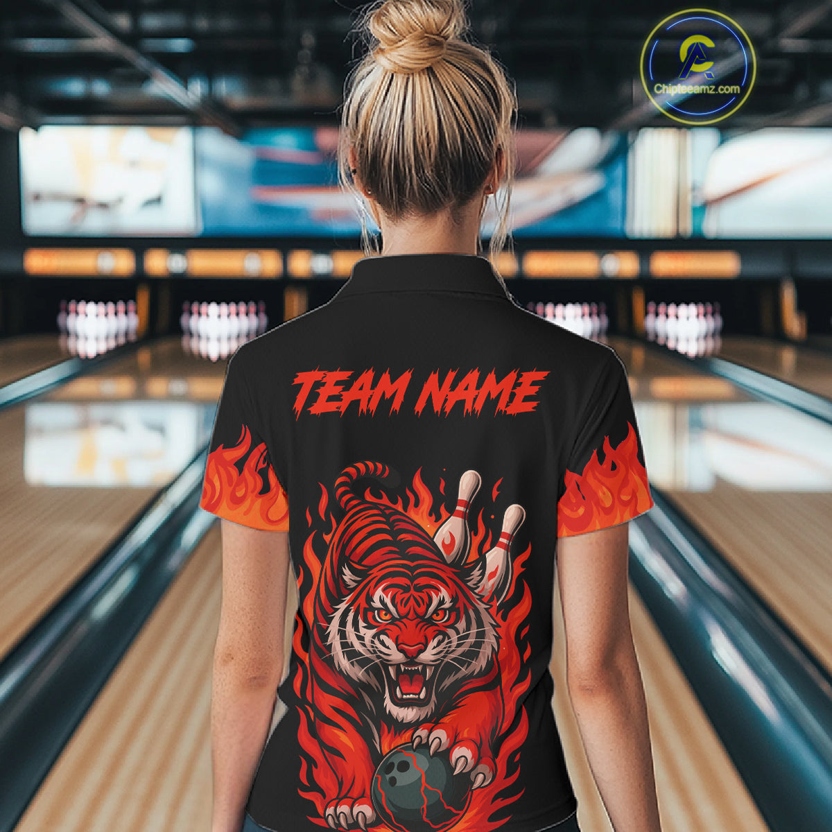 Black And Red Flame Tiger Bowling Polo, 1/4 Zip Shirts For Women Custom Team Tiger Bowling Jersey TDM7305