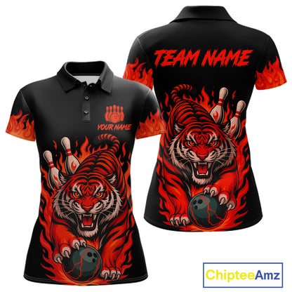Black And Red Flame Tiger Bowling Polo, 1/4 Zip Shirts For Women Custom Team Tiger Bowling Jersey TDM7305