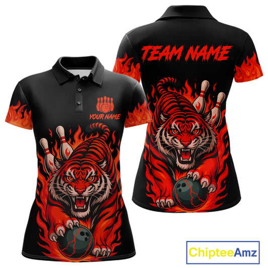 Black And Red Flame Tiger Bowling Polo, 1/4 Zip Shirts For Women Custom Team Tiger Bowling Jersey TDM7305