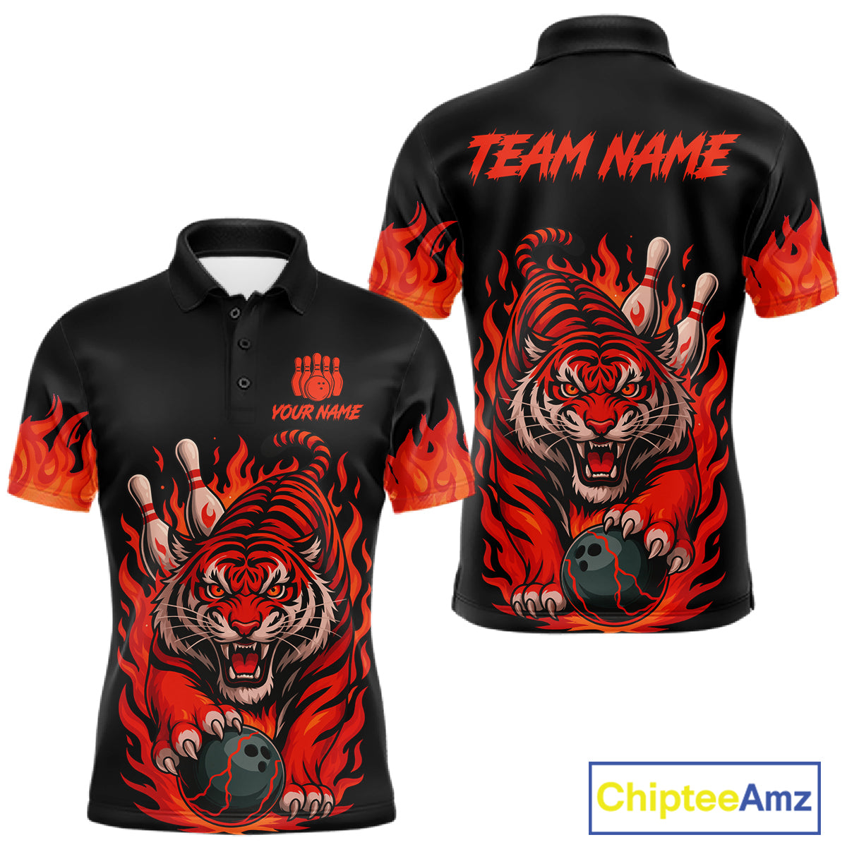 Black And Red Flame Tiger Bowling Polo, 1/4 Zip Shirts For Men Custom Team Tiger Bowling Jersey TDM7305