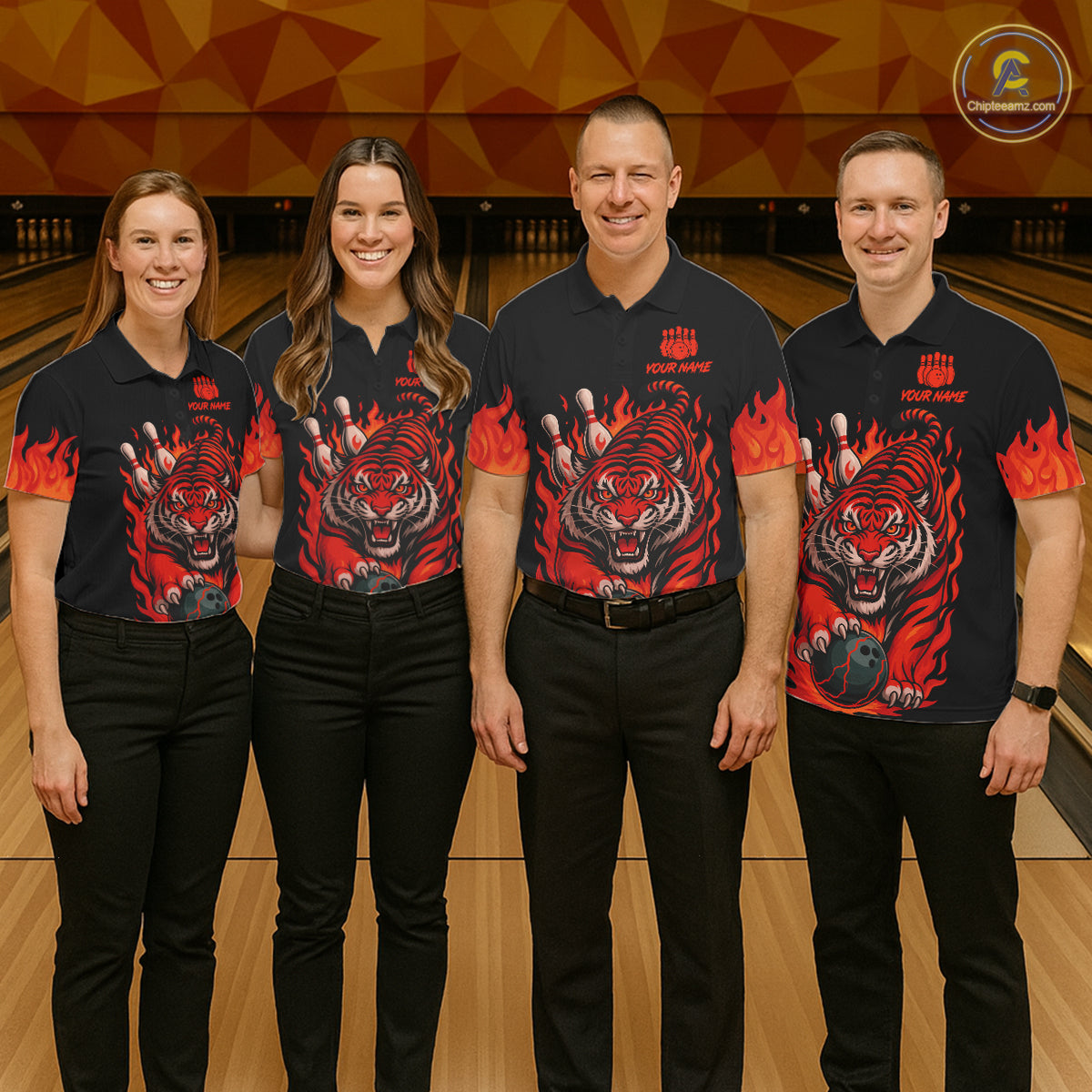Black And Red Flame Tiger Bowling Polo, 1/4 Zip Shirts For Women Custom Team Tiger Bowling Jersey TDM7305
