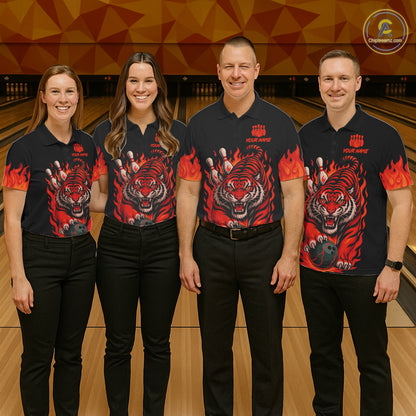 Black And Red Flame Tiger Bowling Polo, 1/4 Zip Shirts For Women Custom Team Tiger Bowling Jersey TDM7305