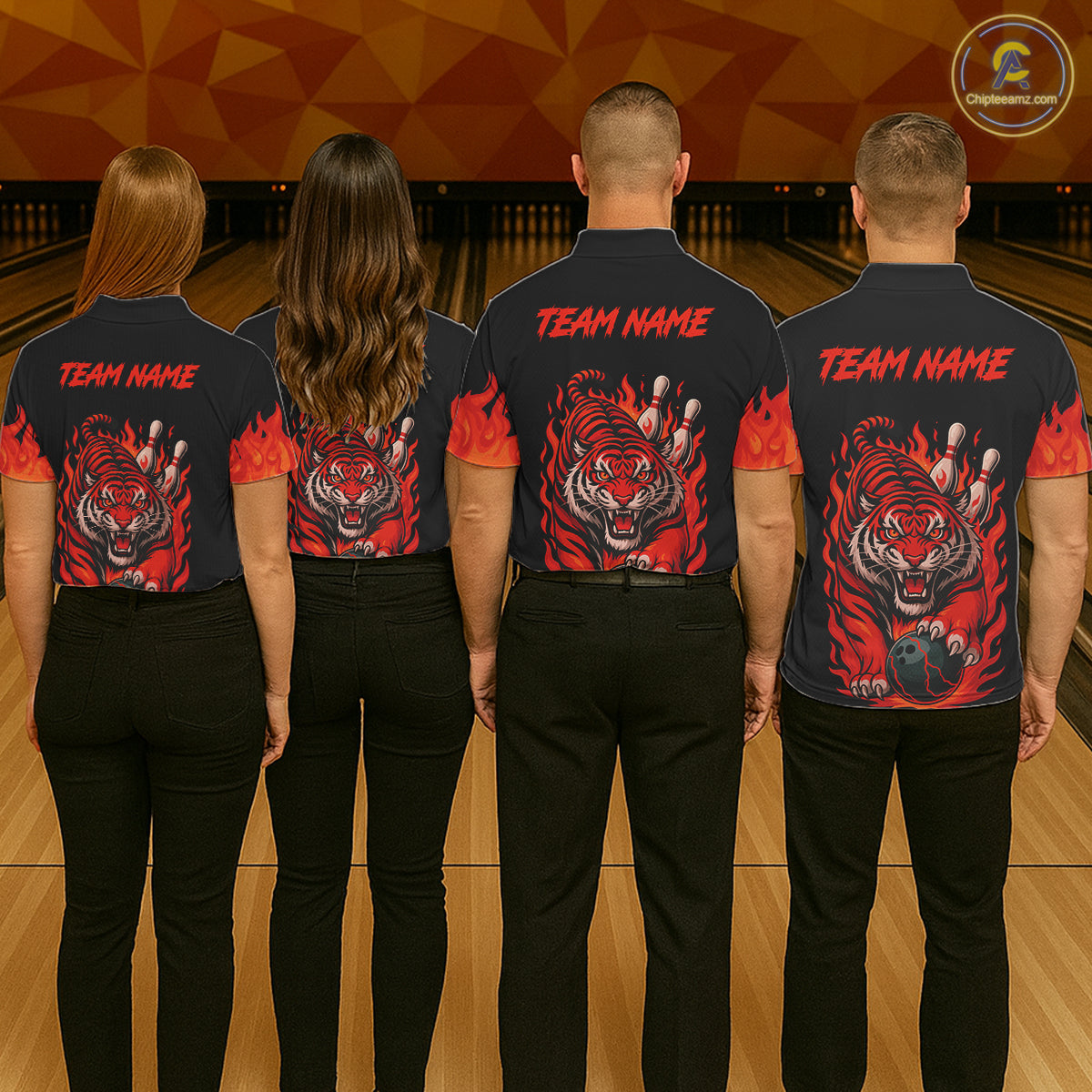 Black And Red Flame Tiger Bowling Polo, 1/4 Zip Shirts For Women Custom Team Tiger Bowling Jersey TDM7305