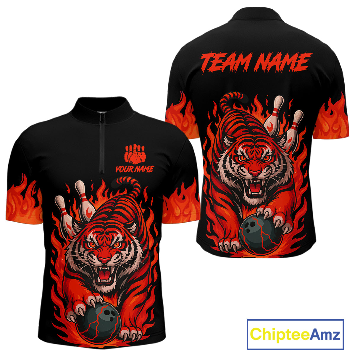 Black And Red Flame Tiger Bowling Polo, 1/4 Zip Shirts For Men Custom Team Tiger Bowling Jersey TDM7305