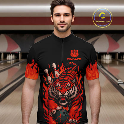 Black And Red Flame Tiger Bowling Polo, 1/4 Zip Shirts For Men Custom Team Tiger Bowling Jersey TDM7305