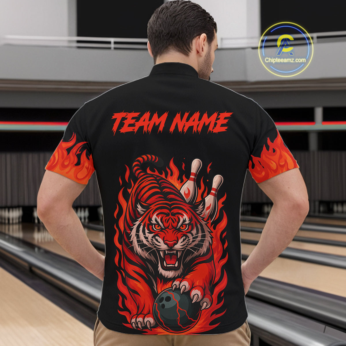 Black And Red Flame Tiger Bowling Polo, 1/4 Zip Shirts For Men Custom Team Tiger Bowling Jersey TDM7305