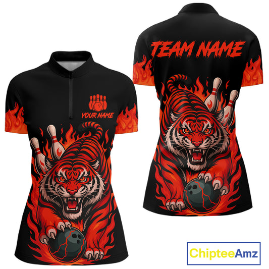 Black And Red Flame Tiger Bowling Polo, 1/4 Zip Shirts For Women Custom Team Tiger Bowling Jersey TDM7305