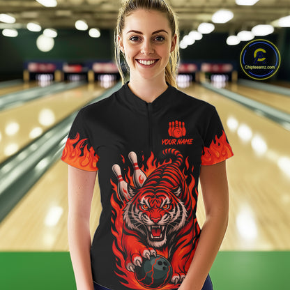 Black And Red Flame Tiger Bowling Polo, 1/4 Zip Shirts For Women Custom Team Tiger Bowling Jersey TDM7305