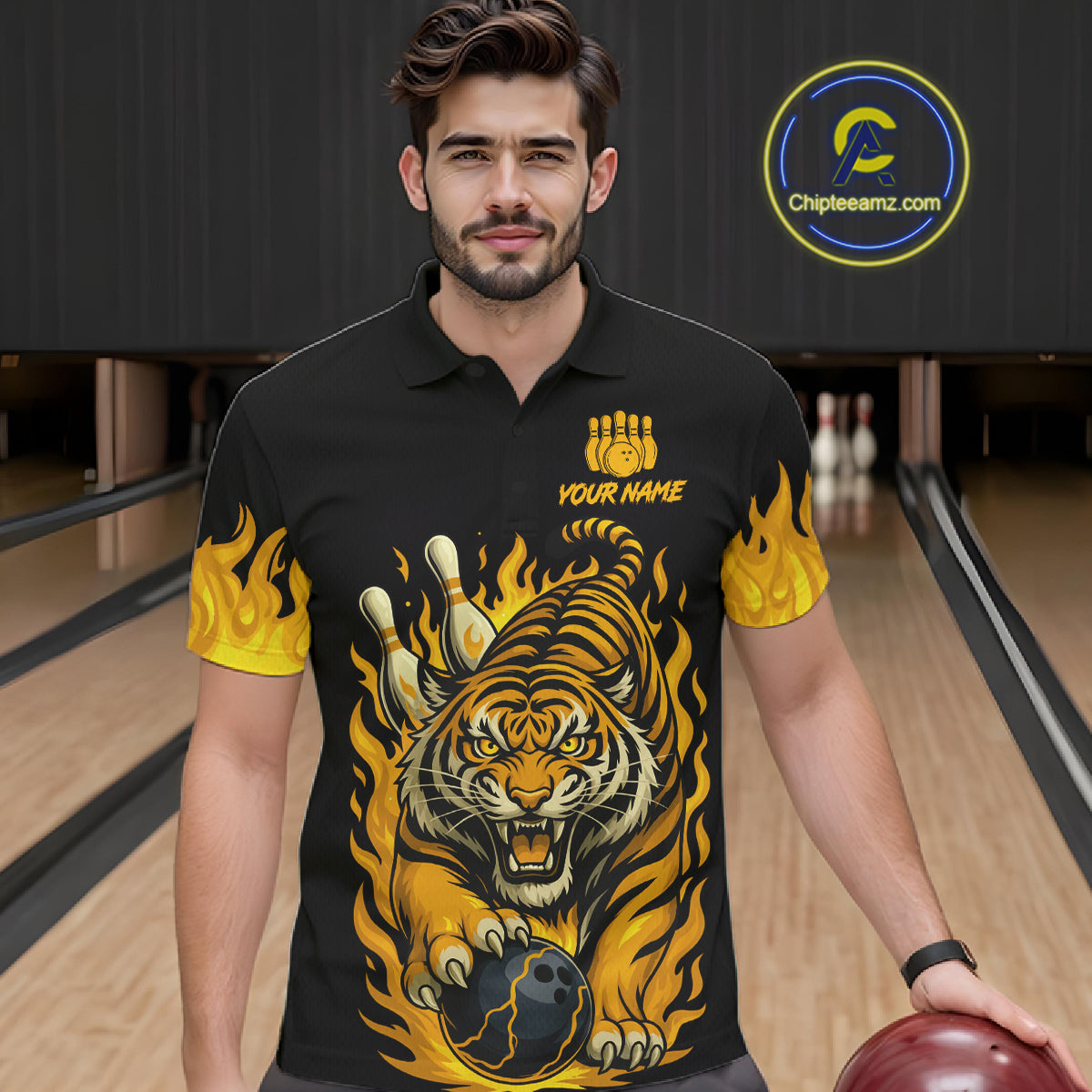 Black And Yellow Flame Tiger Bowling Polo, 1/4 Zip Shirts For Men Custom Team Tiger Bowling Jersey TDM7306