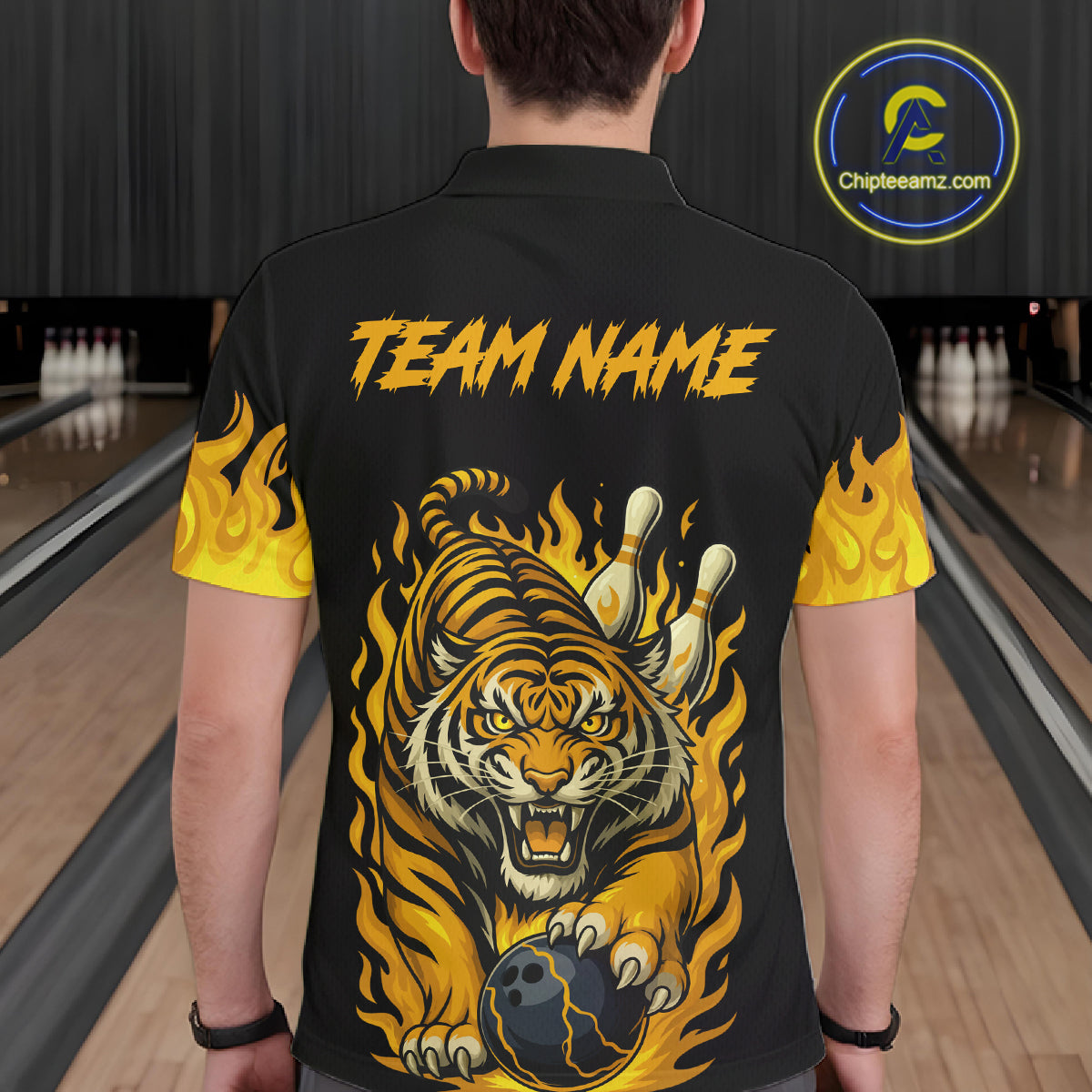 Black And Yellow Flame Tiger Bowling Polo, 1/4 Zip Shirts For Men Custom Team Tiger Bowling Jersey TDM7306