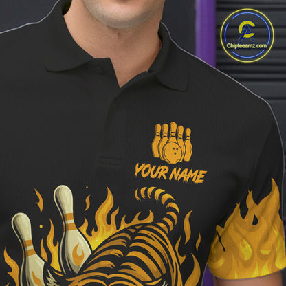 Black And Yellow Flame Tiger Bowling Polo, 1/4 Zip Shirts For Men Custom Team Tiger Bowling Jersey TDM7306