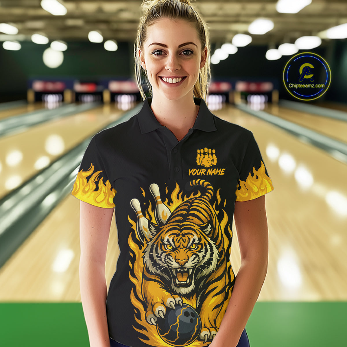 Black And Yellow Flame Tiger Bowling Polo, 1/4 Zip Shirts For Women Custom Team Tiger Bowling Jersey TDM7306