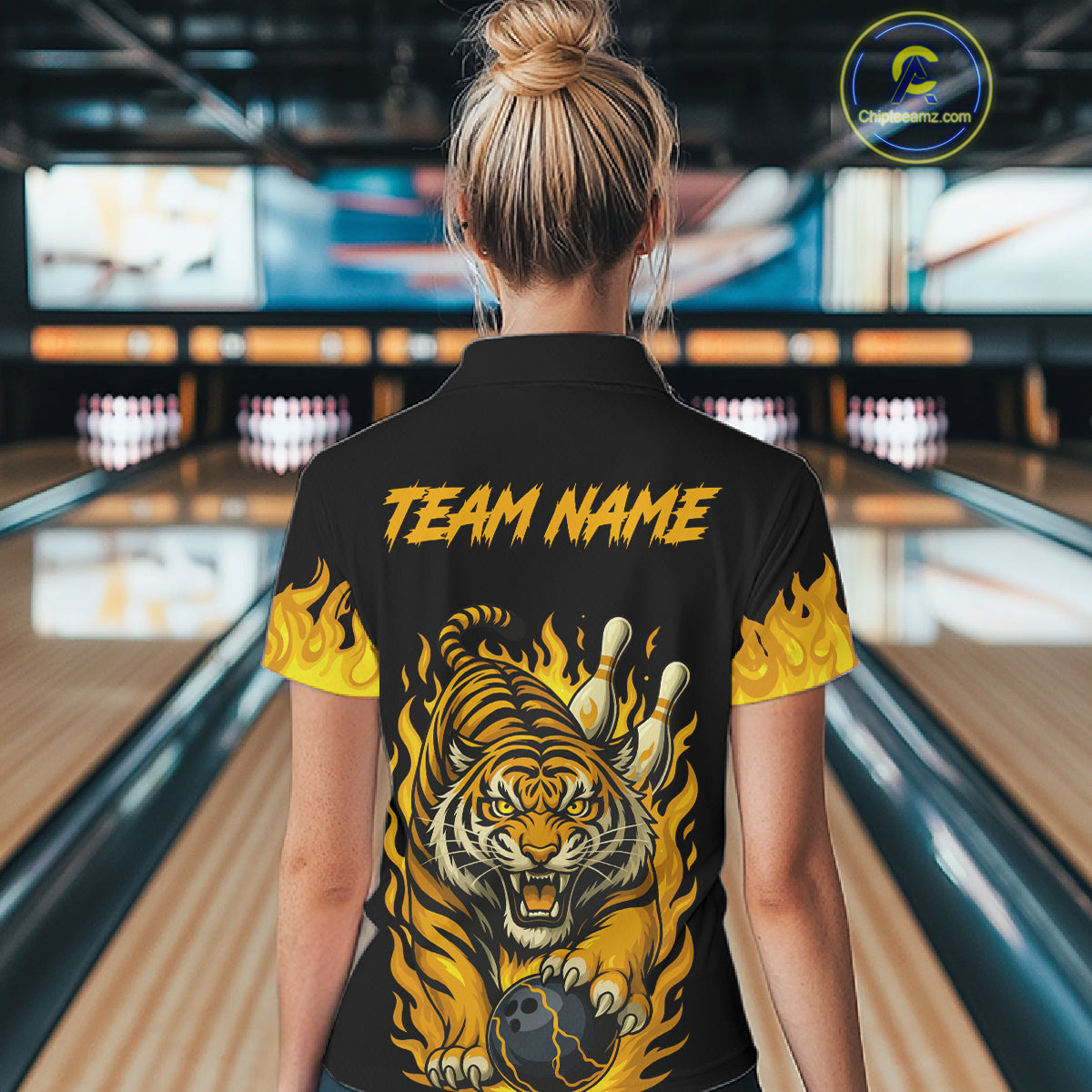 Black And Yellow Flame Tiger Bowling Polo, 1/4 Zip Shirts For Women Custom Team Tiger Bowling Jersey TDM7306