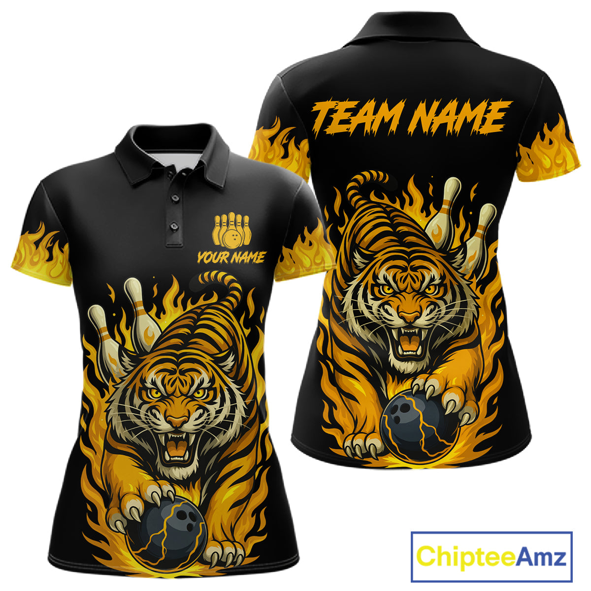 Black And Yellow Flame Tiger Bowling Polo, 1/4 Zip Shirts For Women Custom Team Tiger Bowling Jersey TDM7306