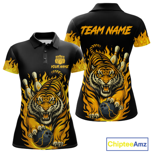 Black And Yellow Flame Tiger Bowling Polo, 1/4 Zip Shirts For Women Custom Team Tiger Bowling Jersey TDM7306
