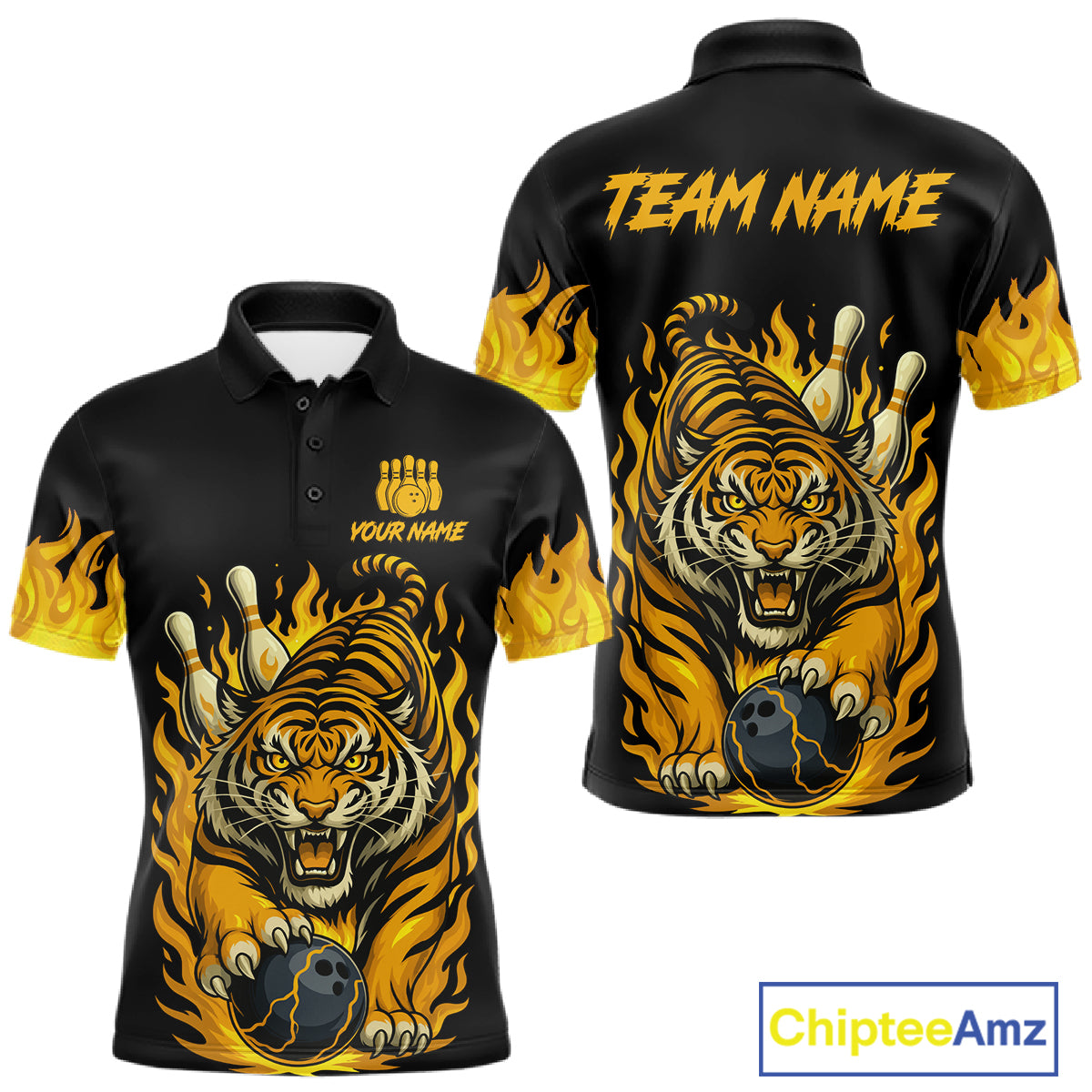 Black And Yellow Flame Tiger Bowling Polo, 1/4 Zip Shirts For Men Custom Team Tiger Bowling Jersey TDM7306