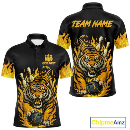 Black And Yellow Flame Tiger Bowling Polo, 1/4 Zip Shirts For Men Custom Team Tiger Bowling Jersey TDM7306