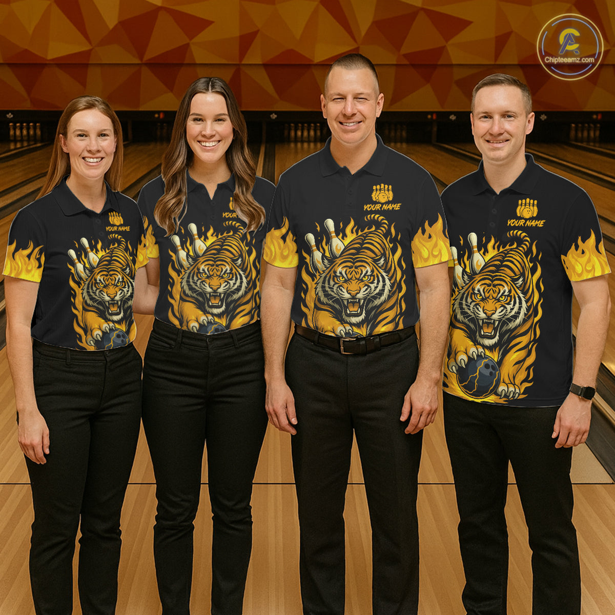 Black And Yellow Flame Tiger Bowling Polo, 1/4 Zip Shirts For Men Custom Team Tiger Bowling Jersey TDM7306