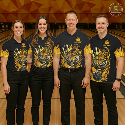 Black And Yellow Flame Tiger Bowling Polo, 1/4 Zip Shirts For Men Custom Team Tiger Bowling Jersey TDM7306
