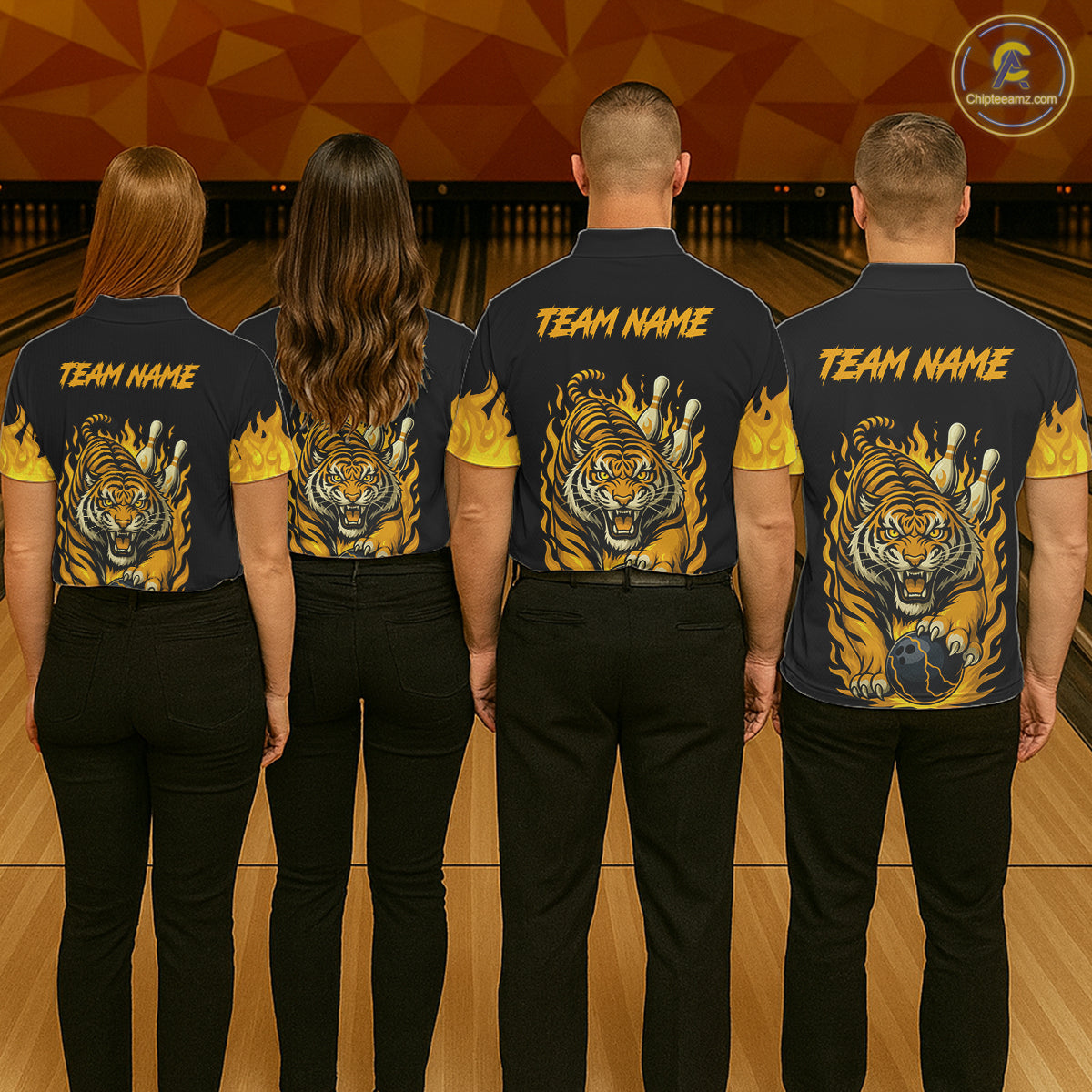 Black And Yellow Flame Tiger Bowling Polo, 1/4 Zip Shirts For Men Custom Team Tiger Bowling Jersey TDM7306