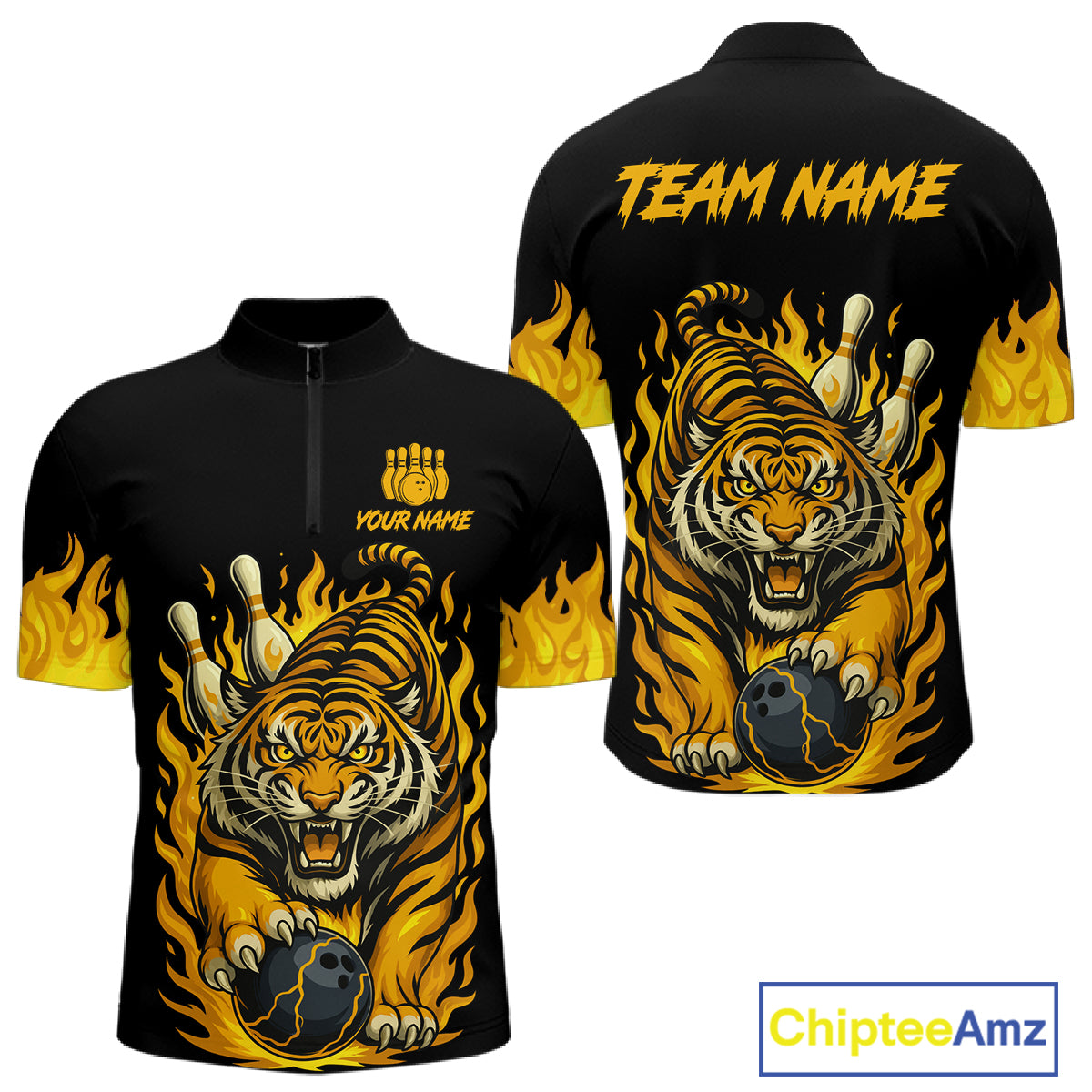 Black And Yellow Flame Tiger Bowling Polo, 1/4 Zip Shirts For Men Custom Team Tiger Bowling Jersey TDM7306