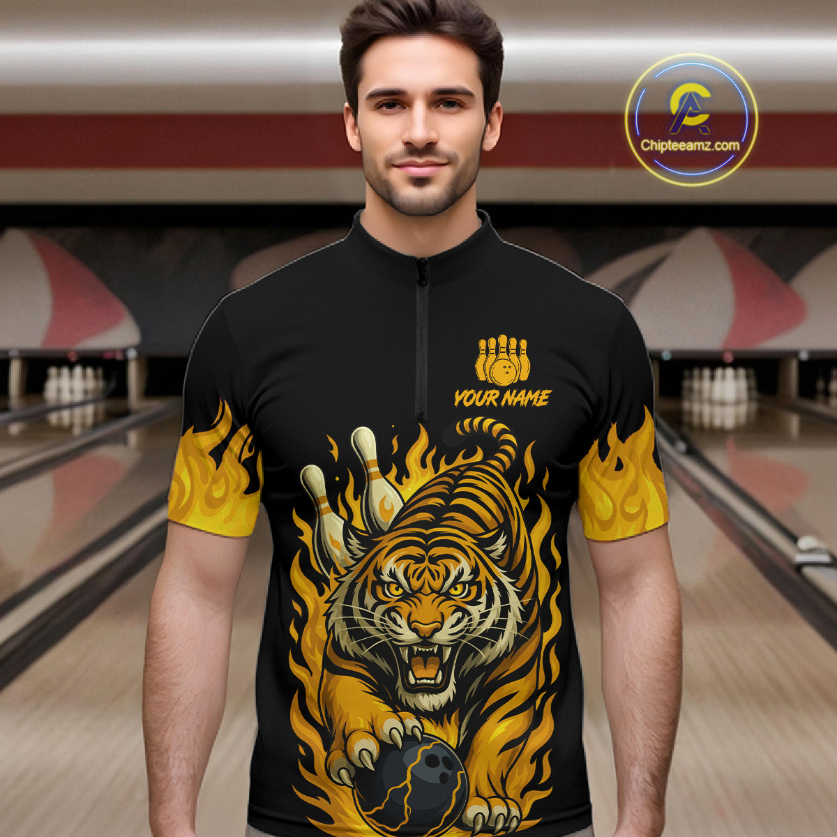 Black And Yellow Flame Tiger Bowling Polo, 1/4 Zip Shirts For Men Custom Team Tiger Bowling Jersey TDM7306