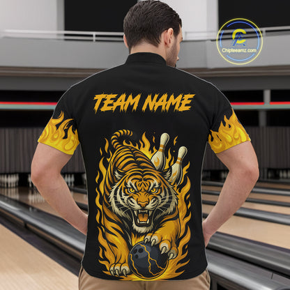 Black And Yellow Flame Tiger Bowling Polo, 1/4 Zip Shirts For Men Custom Team Tiger Bowling Jersey TDM7306