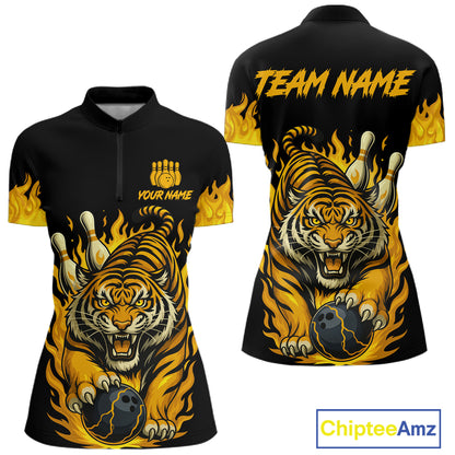 Black And Yellow Flame Tiger Bowling Polo, 1/4 Zip Shirts For Women Custom Team Tiger Bowling Jersey TDM7306