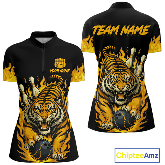 Black And Yellow Flame Tiger Bowling Polo, 1/4 Zip Shirts For Women Custom Team Tiger Bowling Jersey TDM7306
