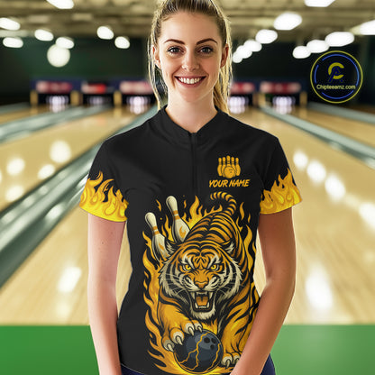 Black And Yellow Flame Tiger Bowling Polo, 1/4 Zip Shirts For Women Custom Team Tiger Bowling Jersey TDM7306