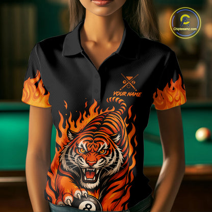 Black And Orange Flame Tiger Billiard Shirts For Women Custom 8 Ball & 9 Ball Pool Team Jersey TDM7307