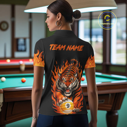 Black And Orange Flame Tiger Billiard Shirts For Women Custom 8 Ball & 9 Ball Pool Team Jersey TDM7307