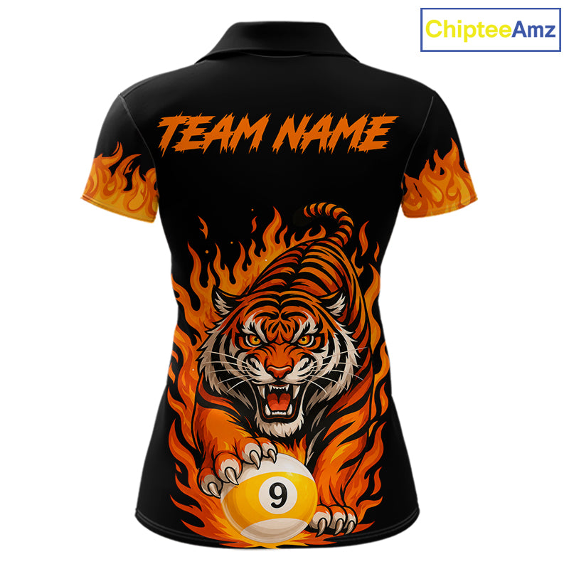 Black And Orange Flame Tiger Billiard Shirts For Women Custom 8 Ball & 9 Ball Pool Team Jersey TDM7307