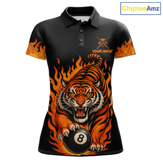 Black And Orange Flame Tiger Billiard Shirts For Women Custom 8 Ball & 9 Ball Pool Team Jersey TDM7307