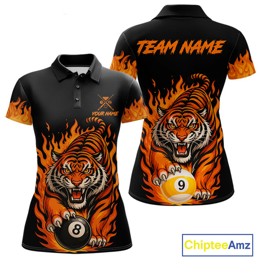 Black And Orange Flame Tiger Billiard Shirts For Women Custom 8 Ball & 9 Ball Pool Team Jersey TDM7307