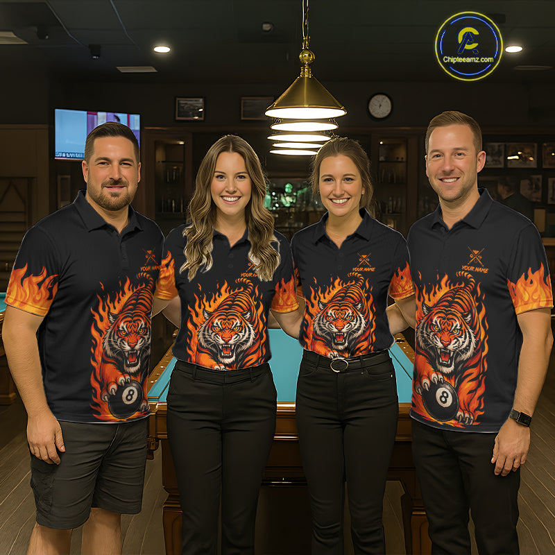 Black And Orange Flame Tiger Billiard Shirts For Women Custom 8 Ball & 9 Ball Pool Team Jersey TDM7307