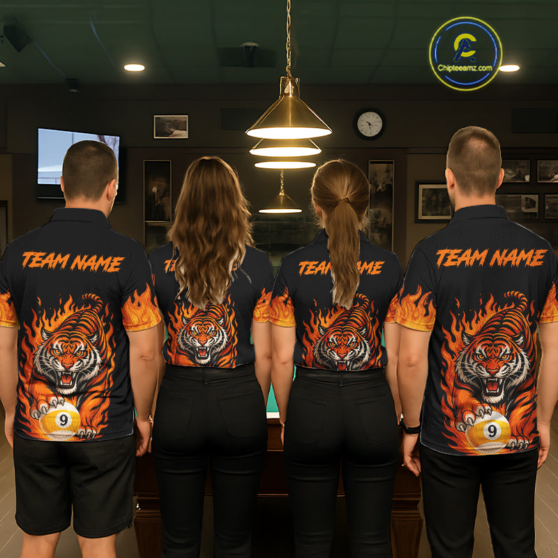 Black And Orange Flame Tiger Billiard Shirts For Women Custom 8 Ball & 9 Ball Pool Team Jersey TDM7307