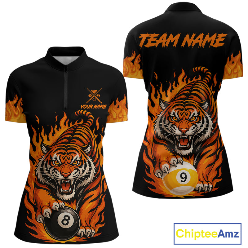 Black And Orange Flame Tiger Billiard Shirts For Women Custom 8 Ball & 9 Ball Pool Team Jersey TDM7307